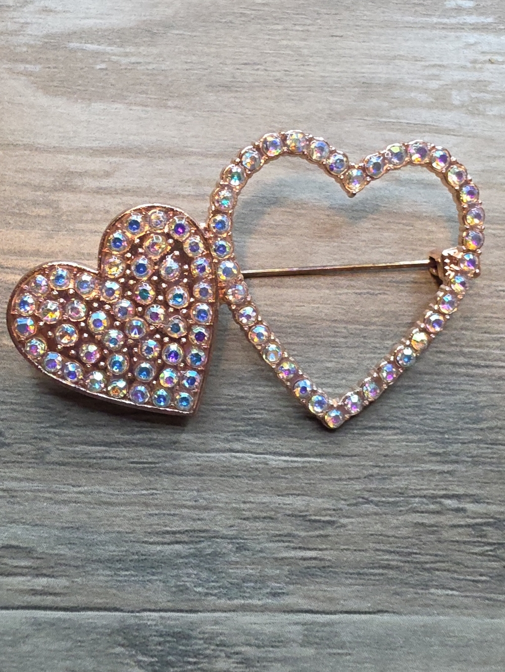 Rose Gold-Tone Heart Rhinestone Brooch - Pink Aurora Borealis Sparkle